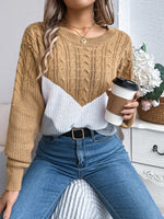 Cable-Knit Color Block Round Neck Sweater