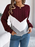 Cable-Knit Color Block Round Neck Sweater